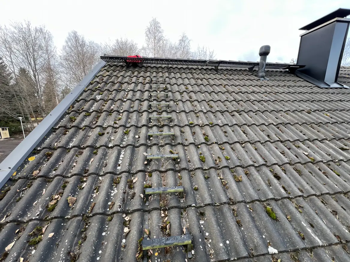 Ennen puhdistusta katolla oli paikoin isoja määriä sammal kasvustoa